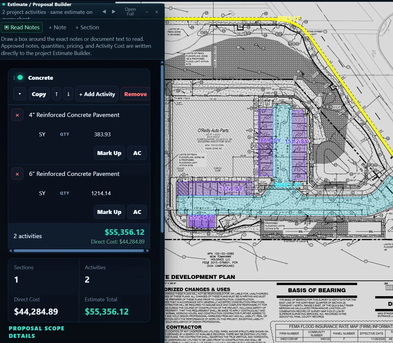 Unlimited Civil application showing estimate builder and marked-up plan