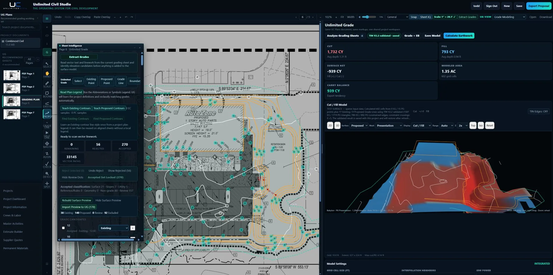 Unlimited Grade application with contour geometry and modeled earthwork